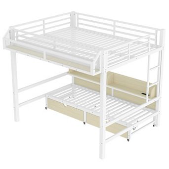 Bunk Bed with Storage Shelves Drawers USB LED and Convertible Lower Bed