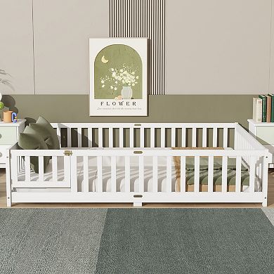 Queen Size Floor Bed with Fence Door Rubber Wood Safety Guardrails