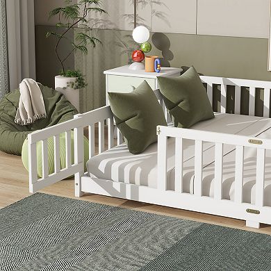 Queen Size Floor Bed with Fence Door Rubber Wood Safety Guardrails