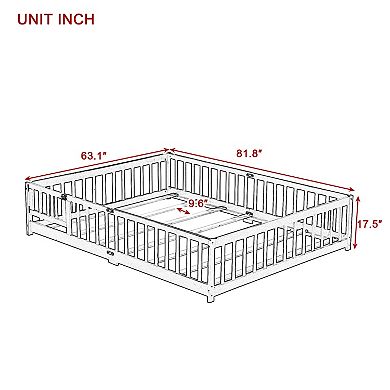 Queen Size Floor Bed with Fence Door Rubber Wood Safety Guardrails