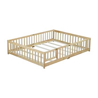 Queen Size Floor Bed with Fence Door Rubber Wood Safety Guardrails