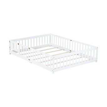 Queen Size Floor Bed with Fence Door Rubber Wood Safety Guardrails