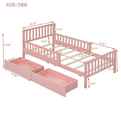 Wood Platform Bed with Guardrails on Both Sides and Two Storage Drawers
