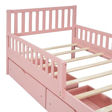 Wood Platform Bed with Guardrails on Both Sides and Two Storage Drawers