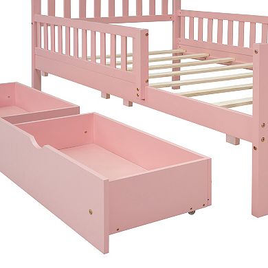 Wood Platform Bed with Guardrails on Both Sides and Two Storage Drawers