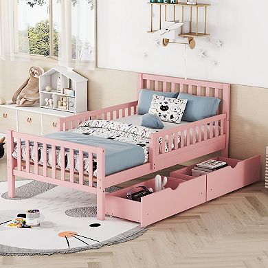 Wood Platform Bed with Guardrails on Both Sides and Two Storage Drawers