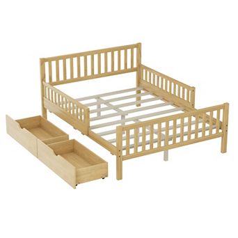 Wood Platform Bed with Guardrails on Both Sides and Two Storage Drawers