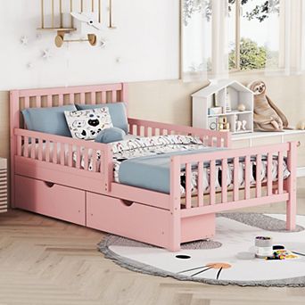 Wood Platform Bed with Guardrails on Both Sides and Two Storage Drawers