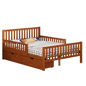 Wood Platform Bed with Guardrails on Both Sides and Two Storage Drawers