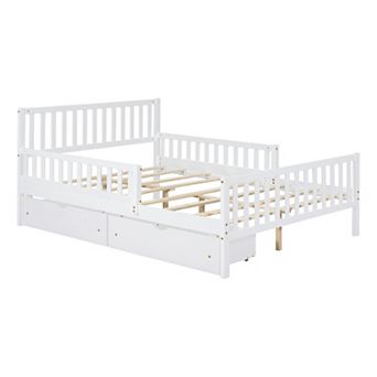 Wood Platform Bed with Guardrails on Both Sides and Two Storage Drawers