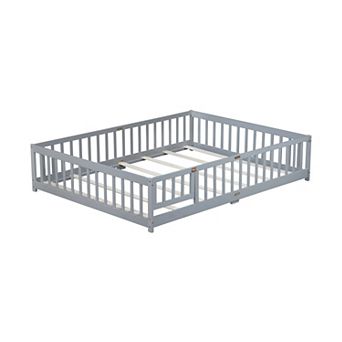 Queen Size Floor Bed with Fence Door Rubber Wood Safety Guardrails