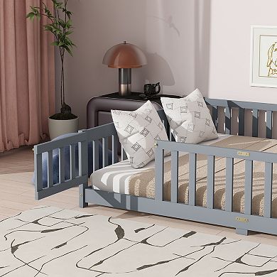 Queen Size Floor Bed with Fence Door Rubber Wood Safety Guardrails