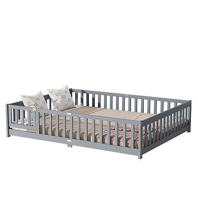 Queen Size Floor Bed with Fence Door Rubber Wood Safety Guardrails