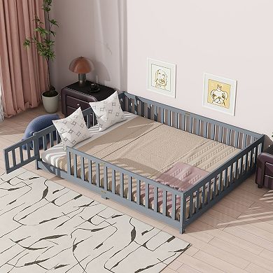 Queen Size Floor Bed with Fence Door Rubber Wood Safety Guardrails