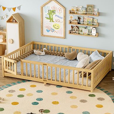 Floor Bed with Safety Guardrails and Door for Kids