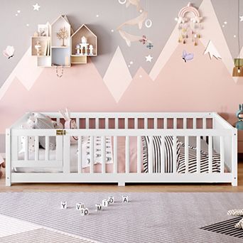Floor Bed with Safety Guardrails and Door for Kids