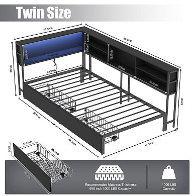 Corner Daybed with Storage Bookcase Headboard LED Light and Charging Station