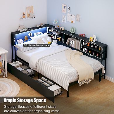 Corner Daybed with Storage Bookcase Headboard LED Light and Charging Station