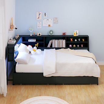 Corner Daybed with Storage Bookcase Headboard LED Light and Charging Station