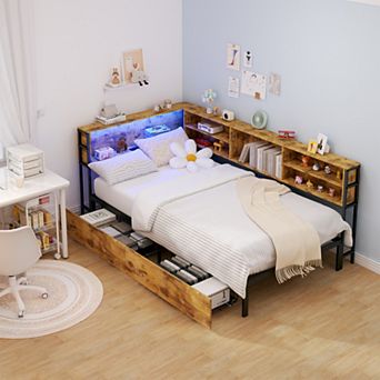 Corner Daybed with Storage Bookcase Headboard LED Light and Charging Station