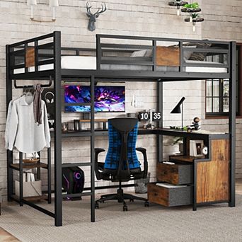 Loft Bed with Desk Storage Drawers Ladders Noise-Free No Spring Box Black