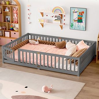 Floor Bed with Safety Guardrails and Door for Kids