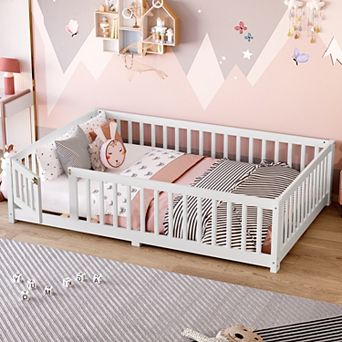 Floor Bed with Safety Guardrails and Door for Kids