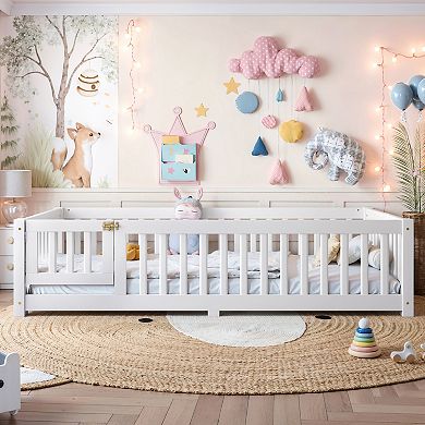 Floor Bed with Safety Guardrails and Door for Kids