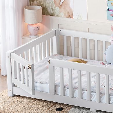 Floor Bed with Safety Guardrails and Door for Kids
