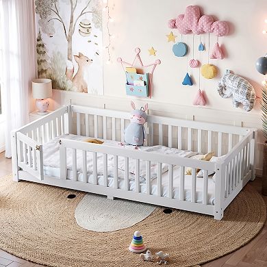 Floor Bed with Safety Guardrails and Door for Kids