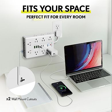 Overtime OS70 22-in-1 Multi-Port Power Strip with 16 AC Outlets, 3 USB-A & 3 USB-C Ports, White