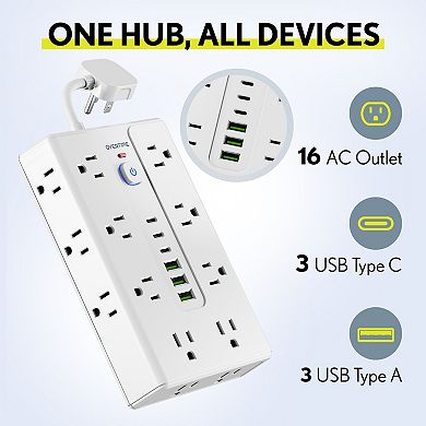 Overtime OS70 22-in-1 Multi-Port Power Strip with 16 AC Outlets, 3 USB-A & 3 USB-C Ports, White