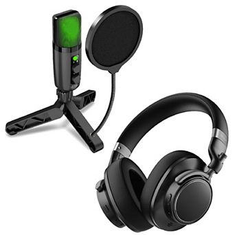 Delton M201 RGB Condenser Microphone with ANC Bluetooth Computer Headphones Podcast Kit, Black