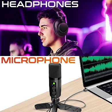 Delton M201 RGB Condenser Microphone with ANC Bluetooth Computer Headphones Podcast Kit, Black