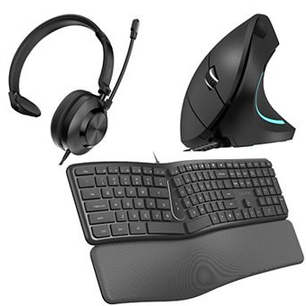 Delton KBE250 Ergonomic Wired Keyboard, Vertical Mouse & USB-A/USB-C Noise-Cancelling Headset, Black