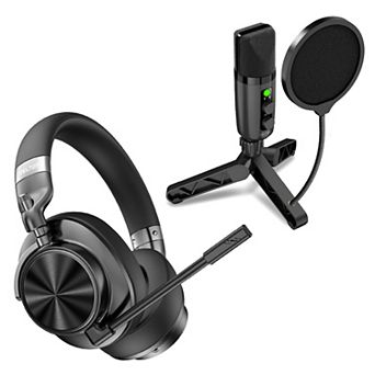 Delton M320 RGB Condenser Microphone & ANC Bluetooth Computer Headphones Podcast Kit, Black