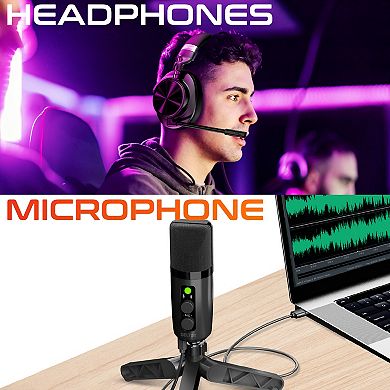 Delton M320 RGB Condenser Microphone & ANC Bluetooth Computer Headphones Podcast Kit, Black