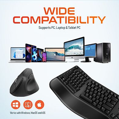 Delton Wireless Ergonomic Keyboard and Optical Mouse Combo, Black