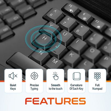 Delton Wireless Ergonomic Keyboard and Optical Mouse Combo, Black
