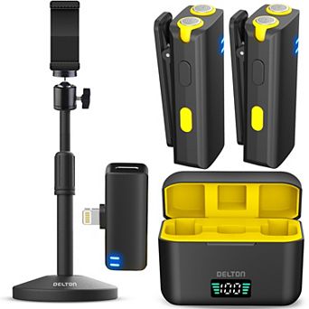 Delton M27L Dual Wireless Lavalier Mics with Lightning Receiver and Phone Stand, Black