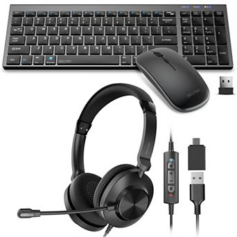 Delton N36 Wireless Keyboard Mouse and USB-A/USB-C Noise-Cancelling Computer Headset Bundle, Black