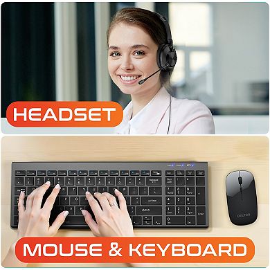 Delton N36 Wireless Keyboard Mouse and USB-A/USB-C Noise-Cancelling Computer Headset Bundle, Black
