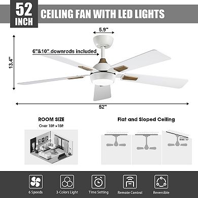 52" Modern Reversible 5 Blades Smart Ceiling Fan with Dimmable LED Light and Remote,APP Control
