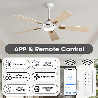 52" Modern Reversible 5 Blades Smart Ceiling Fan with Dimmable LED Light and Remote,APP Control