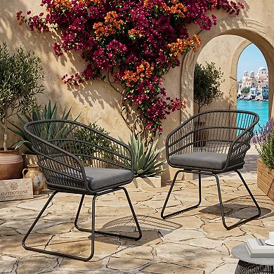Patio Armchair Set Removable Cushion Feature Wicker Weave For Backyard Outdoor Use