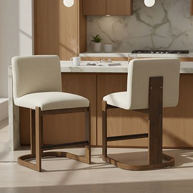 Counter Height Bar Stools With Linen Upholstery, Solid Rubberwood Frame For Kitchen