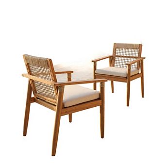 Outdoor Dining Chairs With Hand-Tied Rope Back, Acacia Wood Structure For Yard Space