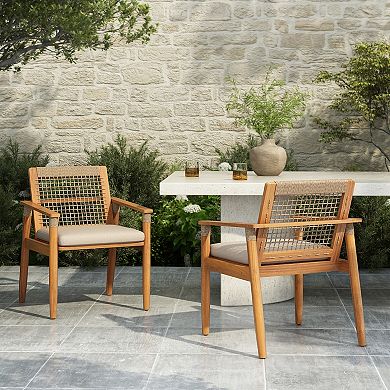 Outdoor Dining Chairs With Hand-Tied Rope Back, Acacia Wood Structure For Yard Space
