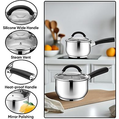 Tri-Ply Stainless Steel Saucepan with Lid, Stay-Cool Handle, Dishwasher Safe