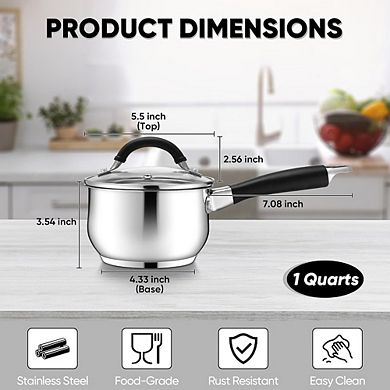 Tri-Ply Stainless Steel Saucepan with Lid, Stay-Cool Handle, Dishwasher Safe
